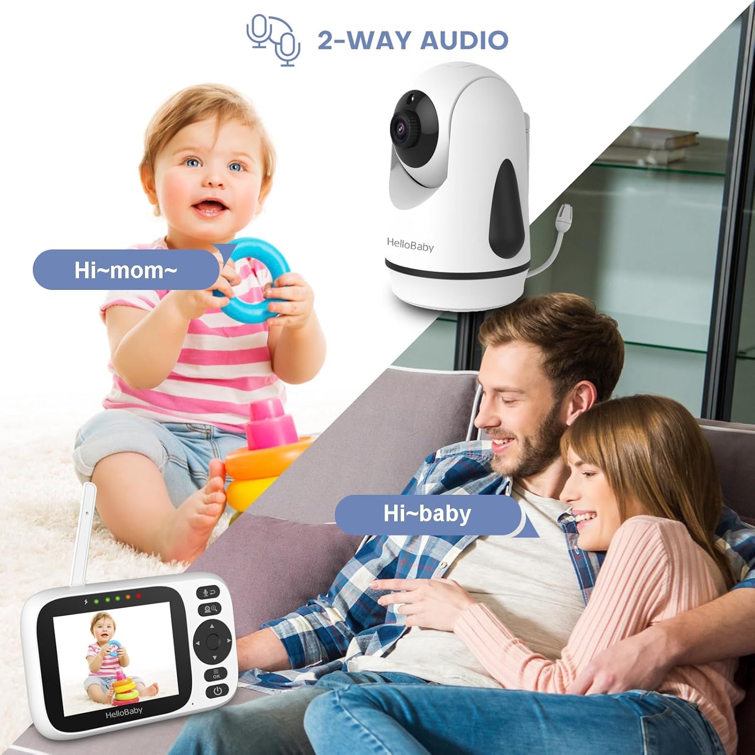 Hello Baby Baby Monitor No WiFi, Video Baby Monitors with Camera and Audio,3.2'' IPS Screen, Remote Pan-Tilt-Zoom Baby Camera Monitor,Plug&Play,Night Vision,1000ft Range,2-Way Talk, ECO Mode,Temperature — الصورة 3 من 8