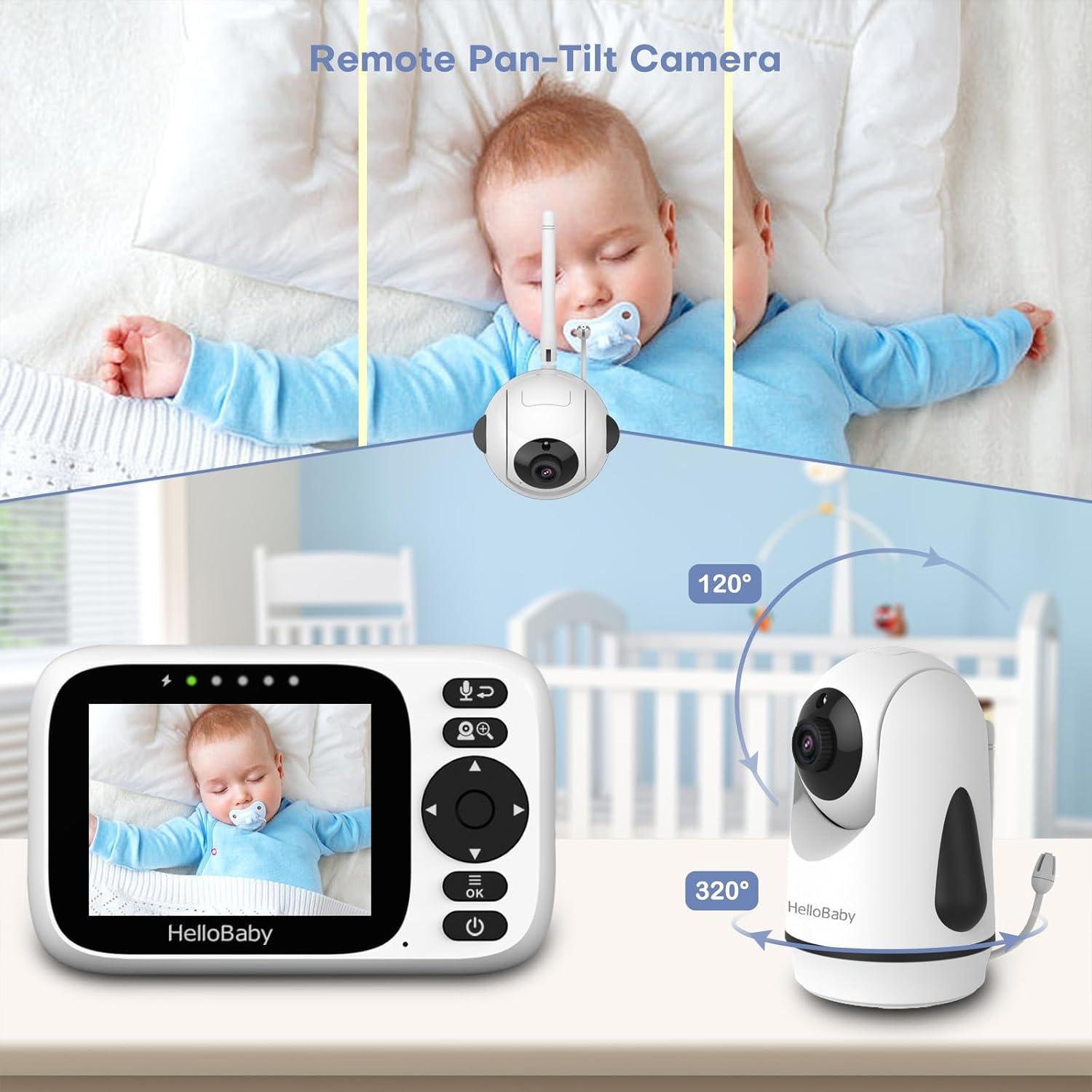 Hello Baby Baby Monitor No WiFi, Video Baby Monitors with Camera and Audio,3.2'' IPS Screen, Remote Pan-Tilt-Zoom Baby Camera Monitor,Plug&Play,Night Vision,1000ft Range,2-Way Talk, ECO Mode,Temperature — الصورة 4 من 8