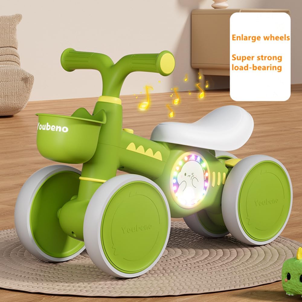 Baby Balance Bike, Toddler Balance Car Indoors and Outdoors for 12-36 Months, First Bicycle without Pedal Four Wheels with Music and Lights, First Ride on Toys First Birthday Gift (Green) — الصورة 5 من 8