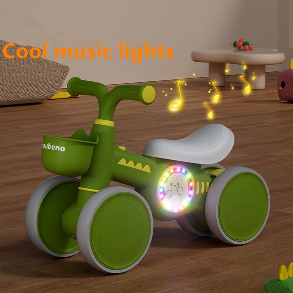Baby Balance Bike, Toddler Balance Car Indoors and Outdoors for 12-36 Months, First Bicycle without Pedal Four Wheels with Music and Lights, First Ride on Toys First Birthday Gift (Green) — الصورة 7 من 8