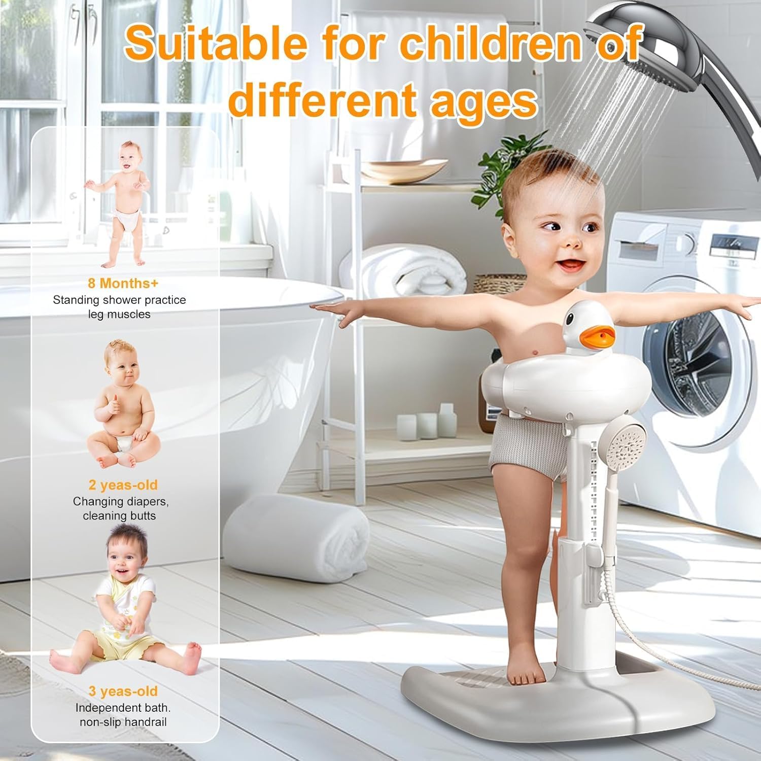 Fohome Baby Shower Stand Support,Adjustable Bath Stand with Anti-Slip Base,Baby Bath Helper,Smart Water Flow Hug Tower Bath Support, Huggable Duck Bath Support for Infants & Toddlers