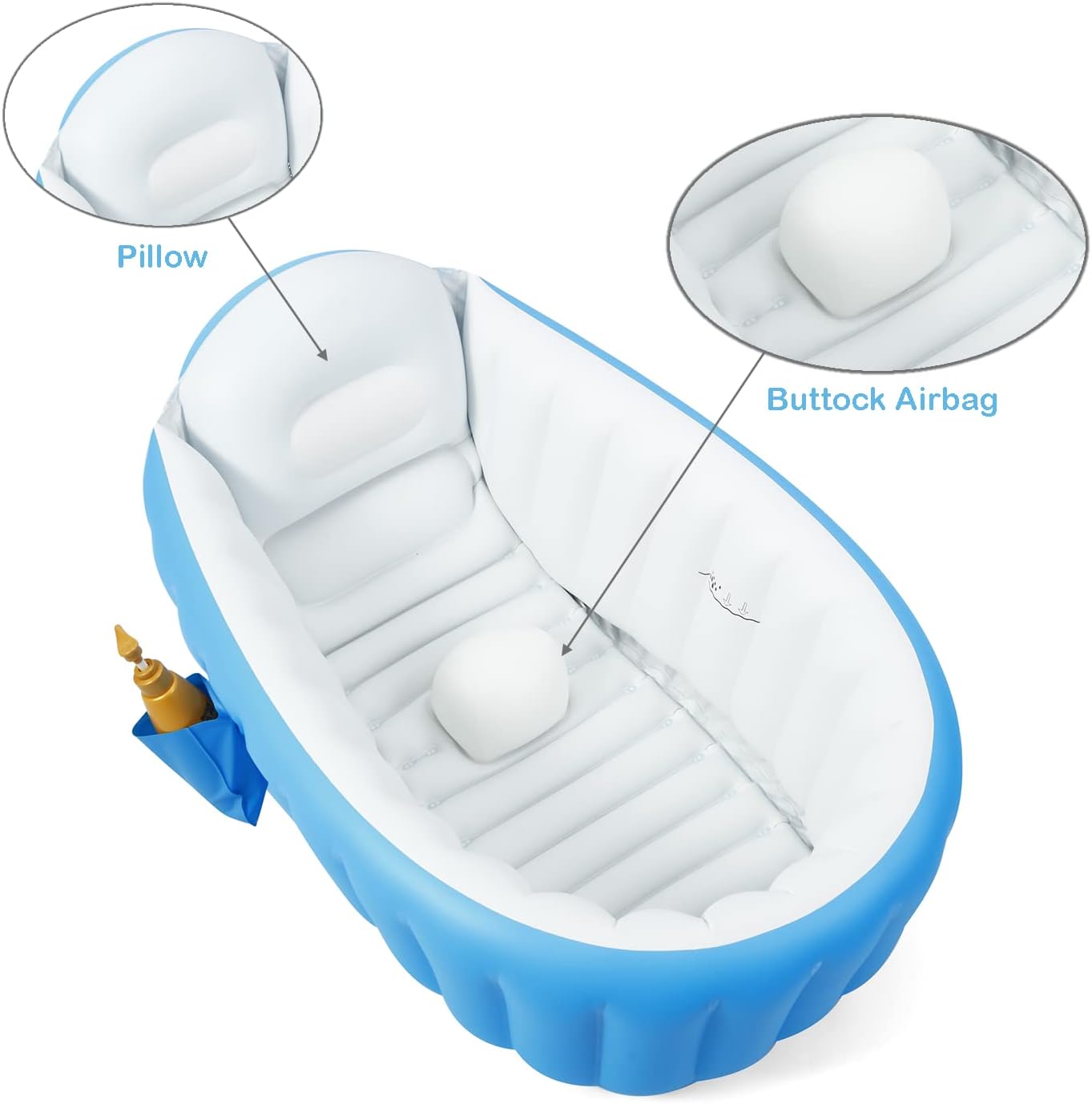 PandaEar Baby Inflatable Bathtub, Portable Travel Baby Infant Bath Tub Toddler Bathtub with Air Pump, Foldable Non-Slip Shower Basin Mini Air Swimming Pool for Newborn (Blue) — الصورة 3 من 6