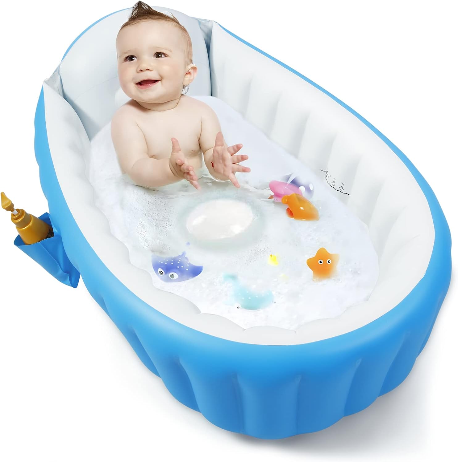 PandaEar Baby Inflatable Bathtub, Portable Travel Baby Infant Bath Tub Toddler Bathtub with Air Pump, Foldable Non-Slip Shower Basin Mini Air Swimming Pool for Newborn (Blue) — الصورة 5 من 6
