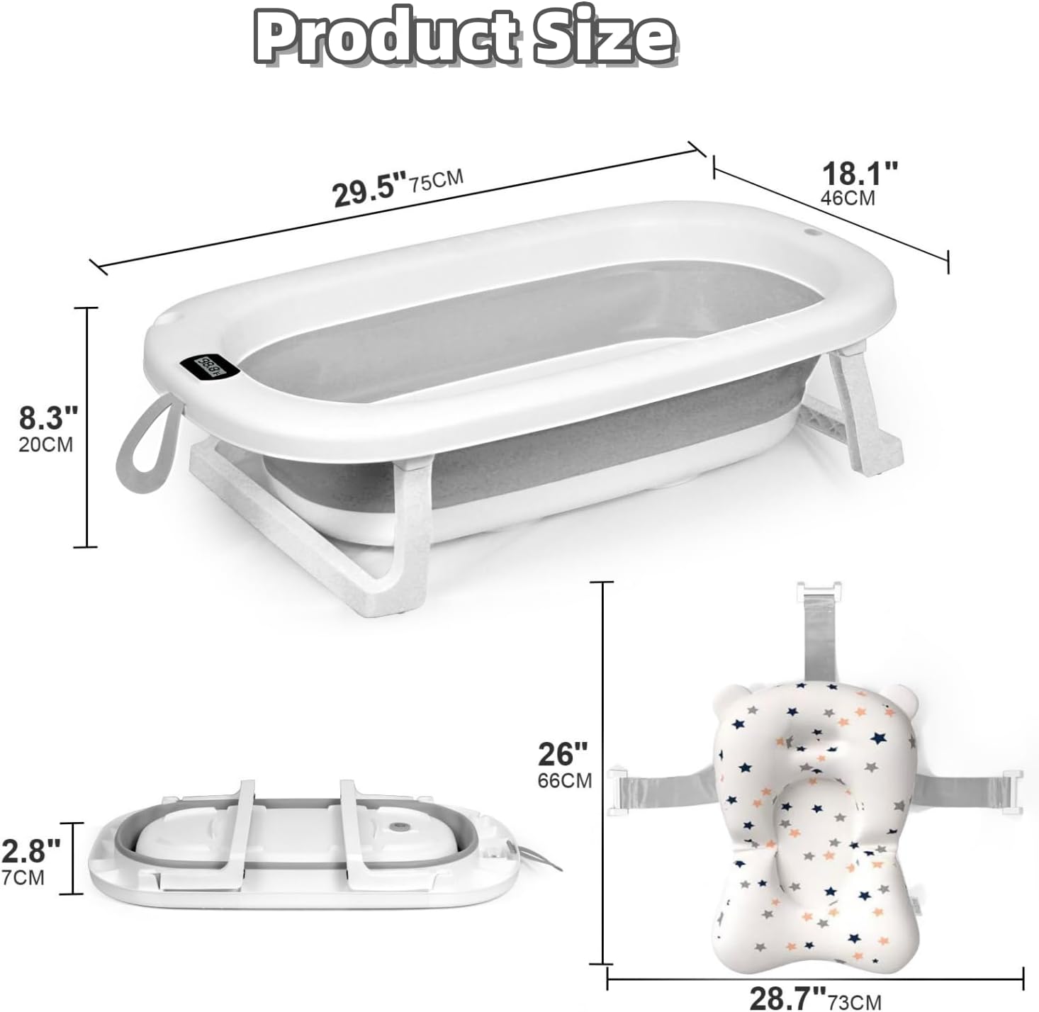 SKY-TOUCH Baby Foldable Bathing Tubs with Soft Bathmat Cushion & Thermometer, NewBorn Babybath Tub with Drain Hole, Non-Slip Support Leg for 0-6 Years Boy Girl (Grey) — الصورة 3 من 5