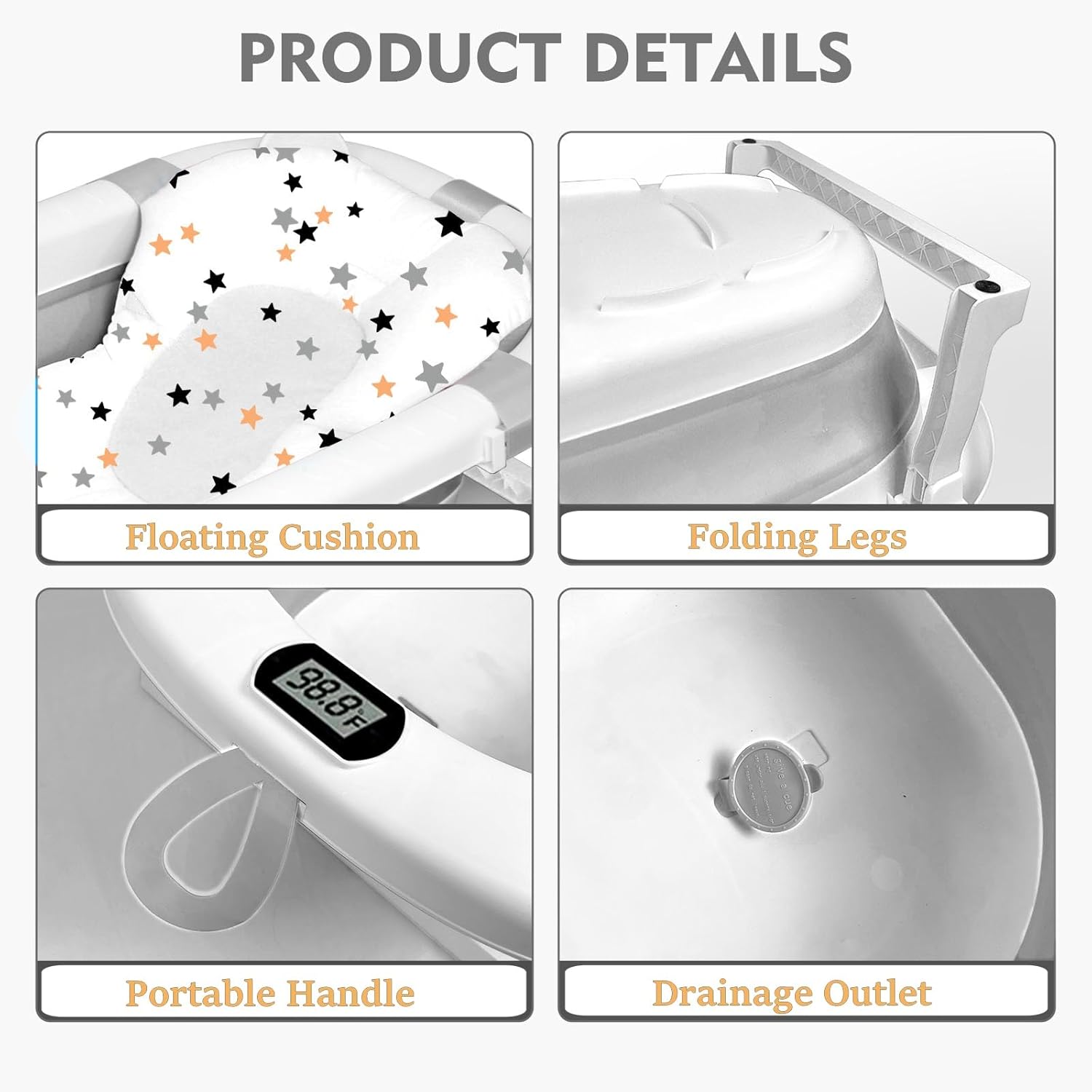 SKY-TOUCH Baby Foldable Bathing Tubs with Soft Bathmat Cushion & Thermometer, NewBorn Babybath Tub with Drain Hole, Non-Slip Support Leg for 0-6 Years Boy Girl (Grey) — الصورة 4 من 5