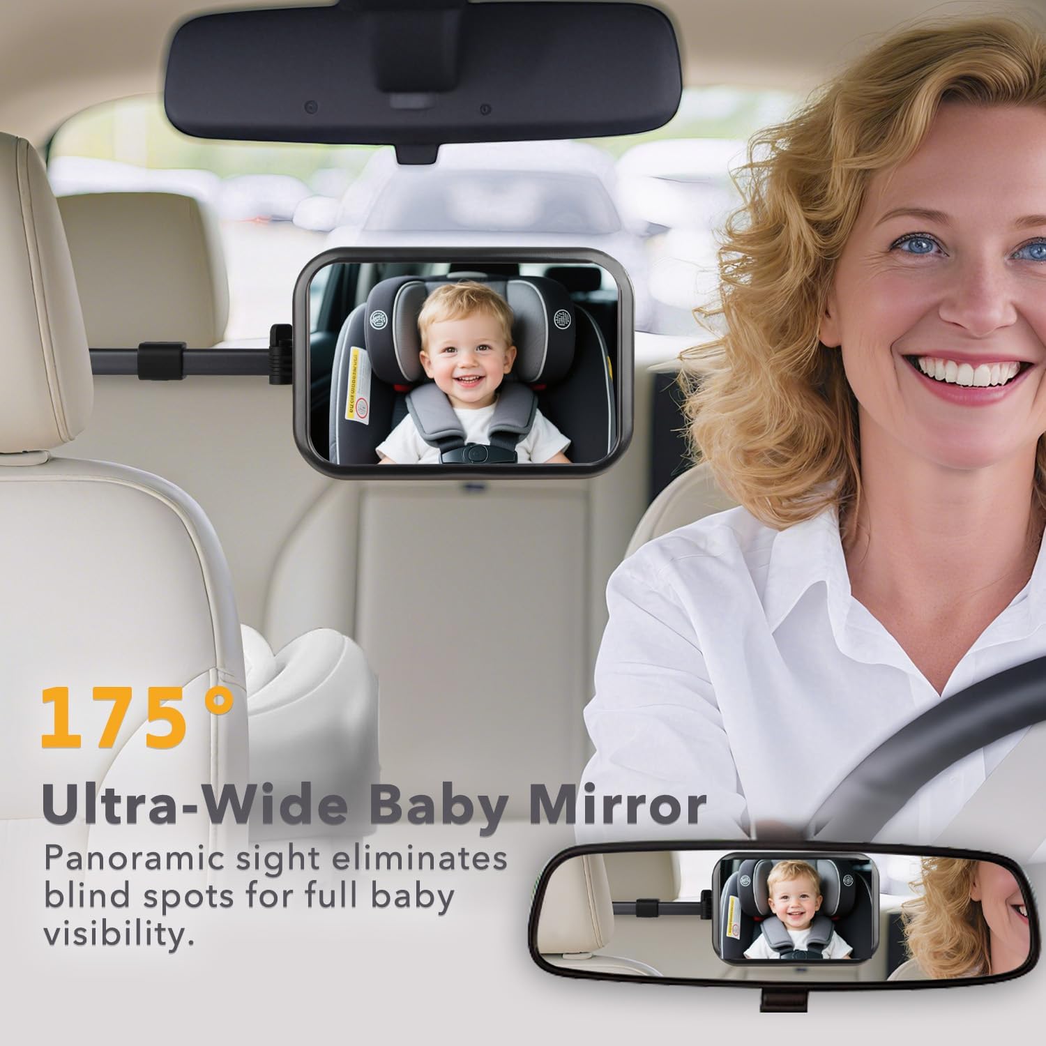 WEKUBA Baby Car Mirror, Stretchable Adjustable Car Mirror for Baby, 360°Rotating, Safe Shatterproof Car Seat Mirror, Shockproof Car Seat Mirror, Hook and Clip Design, Easy to install, Child Essentials — الصورة 3 من 7