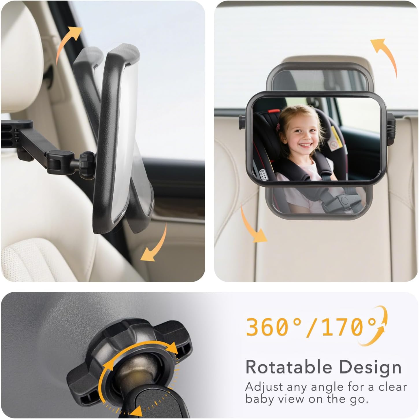WEKUBA Baby Car Mirror, Stretchable Adjustable Car Mirror for Baby, 360°Rotating, Safe Shatterproof Car Seat Mirror, Shockproof Car Seat Mirror, Hook and Clip Design, Easy to install, Child Essentials — الصورة 4 من 7