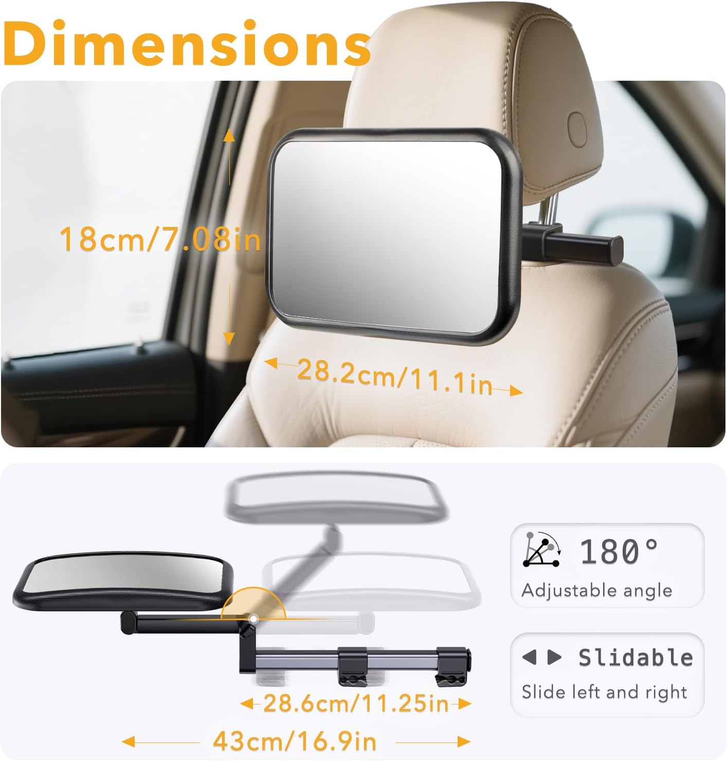WEKUBA Baby Car Mirror, Stretchable Adjustable Car Mirror for Baby, 360°Rotating, Safe Shatterproof Car Seat Mirror, Shockproof Car Seat Mirror, Hook and Clip Design, Easy to install, Child Essentials — الصورة 6 من 7