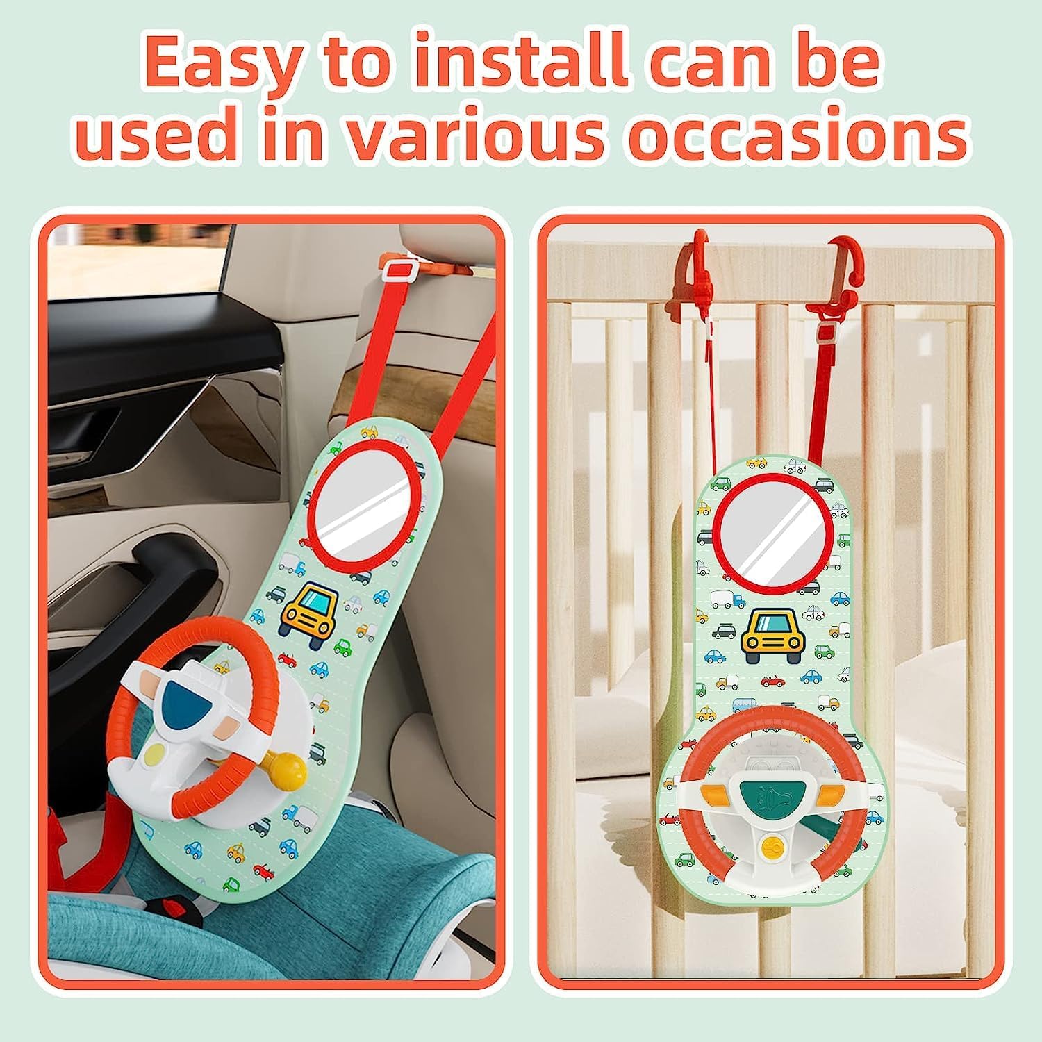 AM ANNA Baby Car Seat Toys for Infants with Mirror, Carseat Toys Steering Wheel with Music Lights and Driving Sounds, Travel Car Seat Toy for Infants Babies 6 to 12 Months — الصورة 2 من 7