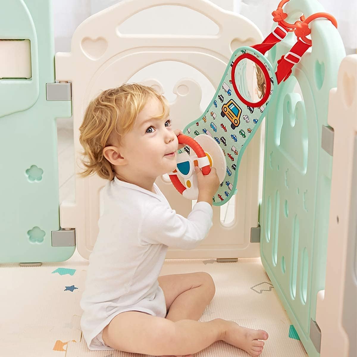 AM ANNA Baby Car Seat Toys for Infants with Mirror, Carseat Toys Steering Wheel with Music Lights and Driving Sounds, Travel Car Seat Toy for Infants Babies 6 to 12 Months — الصورة 4 من 7