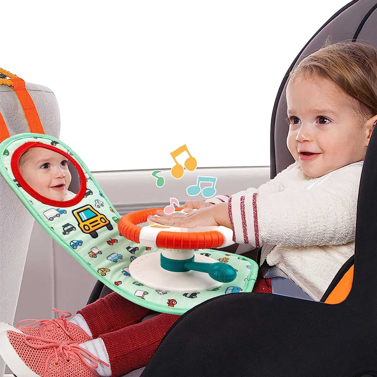AM ANNA Baby Car Seat Toys for Infants with Mirror, Carseat Toys Steering Wheel with Music Lights and Driving Sounds, Travel Car Seat Toy for Infants Babies 6 to 12 Months — الصورة 6 من 7