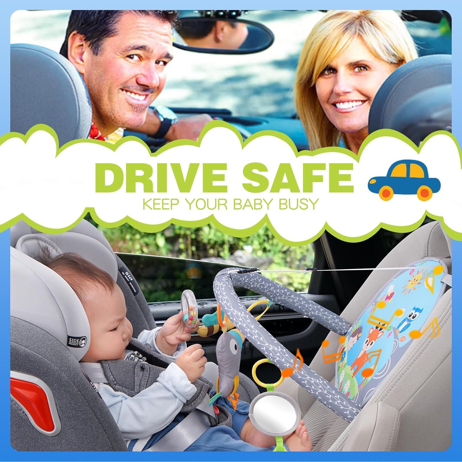 KASTWAVE Koty Rear Facing Car Seat Toy, Baby Kick & Play Activity Center, Car Seat Activity Arch with Music, Mirror and Rattle Toys for Children, Developmental Toys for Babies, Travel Toddler Toys — الصورة 4 من 5