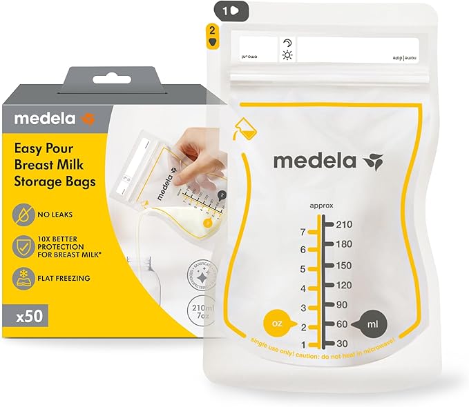 Medela Easy Pour Disposable Breastmilk Storage Bags, 210 ml Capacity, Leakproof Design with Milk Protection, Made Without BPA, Pack of 50