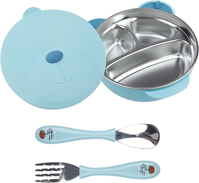MOTIM Stainless Steel Baby Feeding Bowl, Toddler Suction Plate with Lid Spoon and Fork, BPA Free Easy to clean for Baby Toddler (Blue)