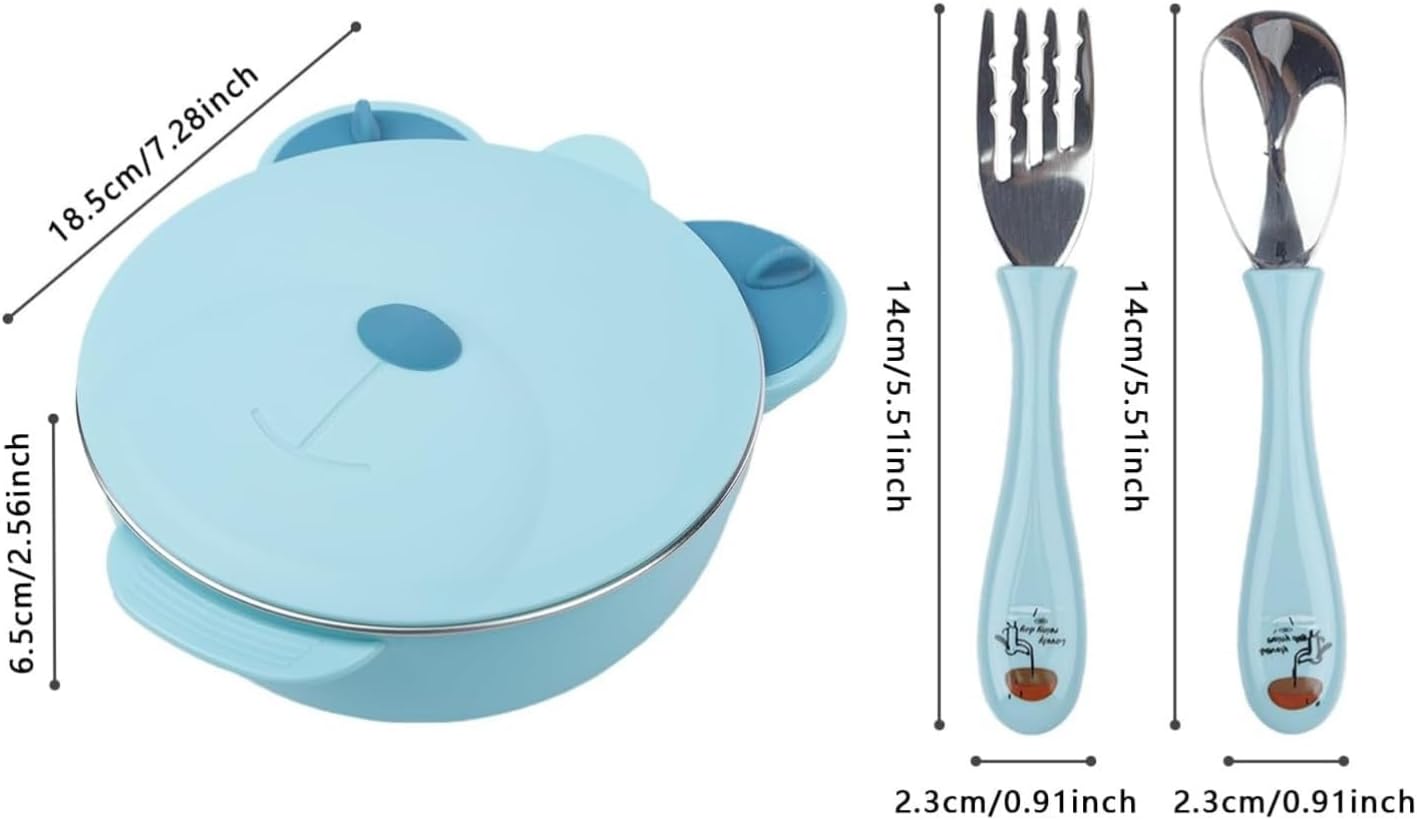 MOTIM Stainless Steel Baby Feeding Bowl, Toddler Suction Plate with Lid Spoon and Fork, BPA Free Easy to clean for Baby Toddler (Blue) — الصورة 2 من 9