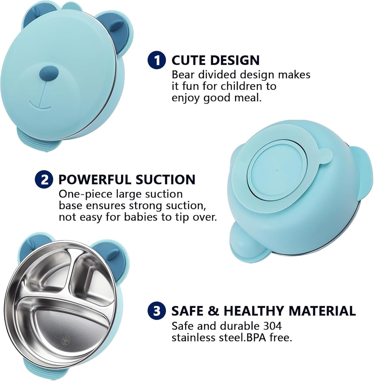 MOTIM Stainless Steel Baby Feeding Bowl, Toddler Suction Plate with Lid Spoon and Fork, BPA Free Easy to clean for Baby Toddler (Blue) — الصورة 3 من 9