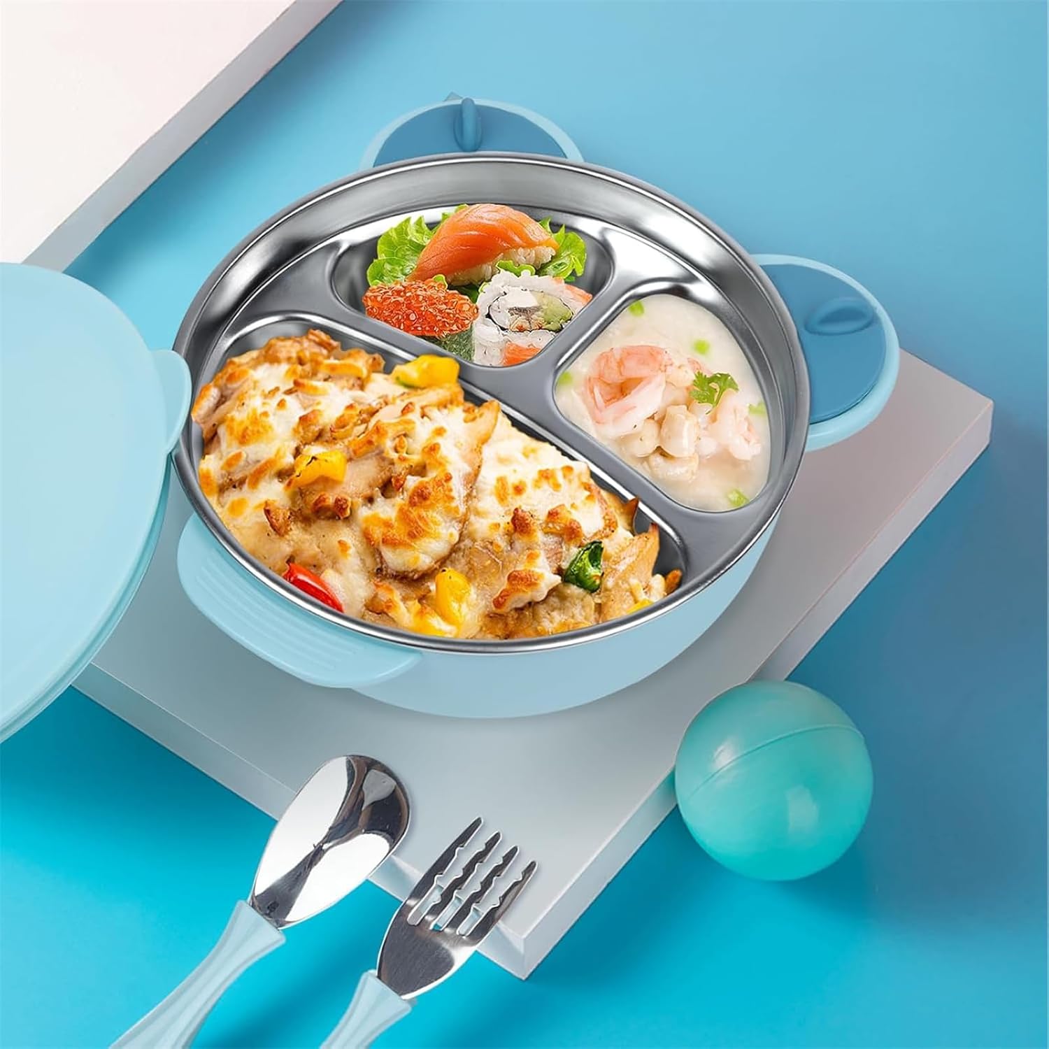 MOTIM Stainless Steel Baby Feeding Bowl, Toddler Suction Plate with Lid Spoon and Fork, BPA Free Easy to clean for Baby Toddler (Blue) — الصورة 8 من 9
