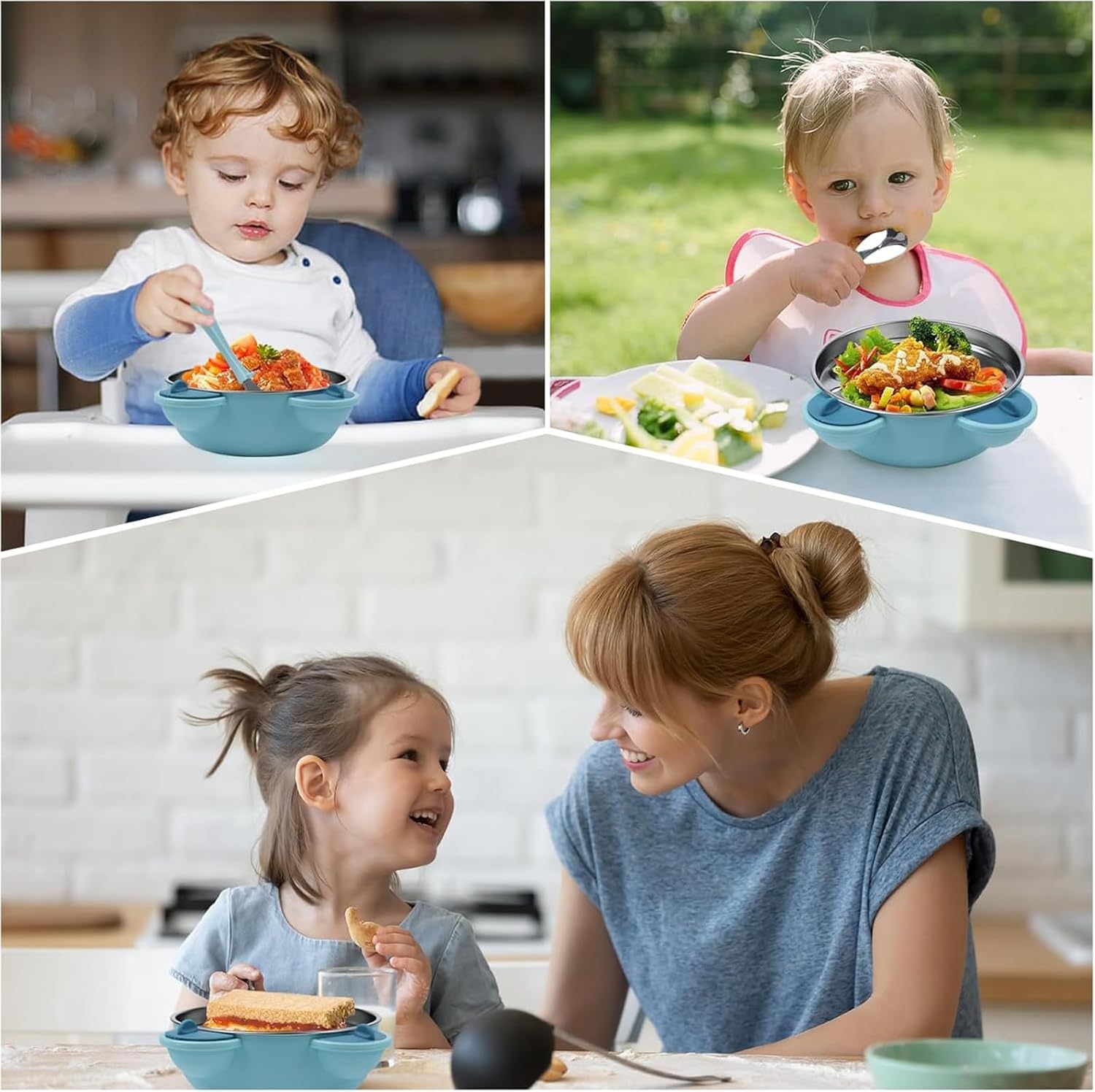 MOTIM Stainless Steel Baby Feeding Bowl, Toddler Suction Plate with Lid Spoon and Fork, BPA Free Easy to clean for Baby Toddler (Blue) — الصورة 9 من 9