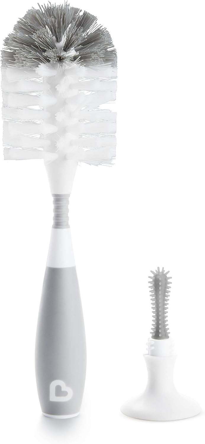 Munchkin Bristle Bottle Brush, bristle provide cleaner bottler, easy cleaning, with detachable teats cleaning brush, clean bottle for safe feed, Infant/Baby/Toddler/Kids, Color-Grey