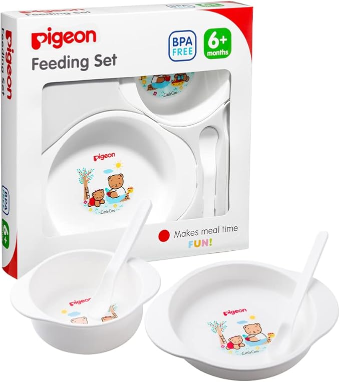 Pigeon Feeding Set, 1 Cereal Bowl, 1 Soup Bowl, 1 Feeding Spoon, 1 Baby Spoon, Quickly Explore, Makes Meal Time Fun, BPA Free, 6 + Months, White