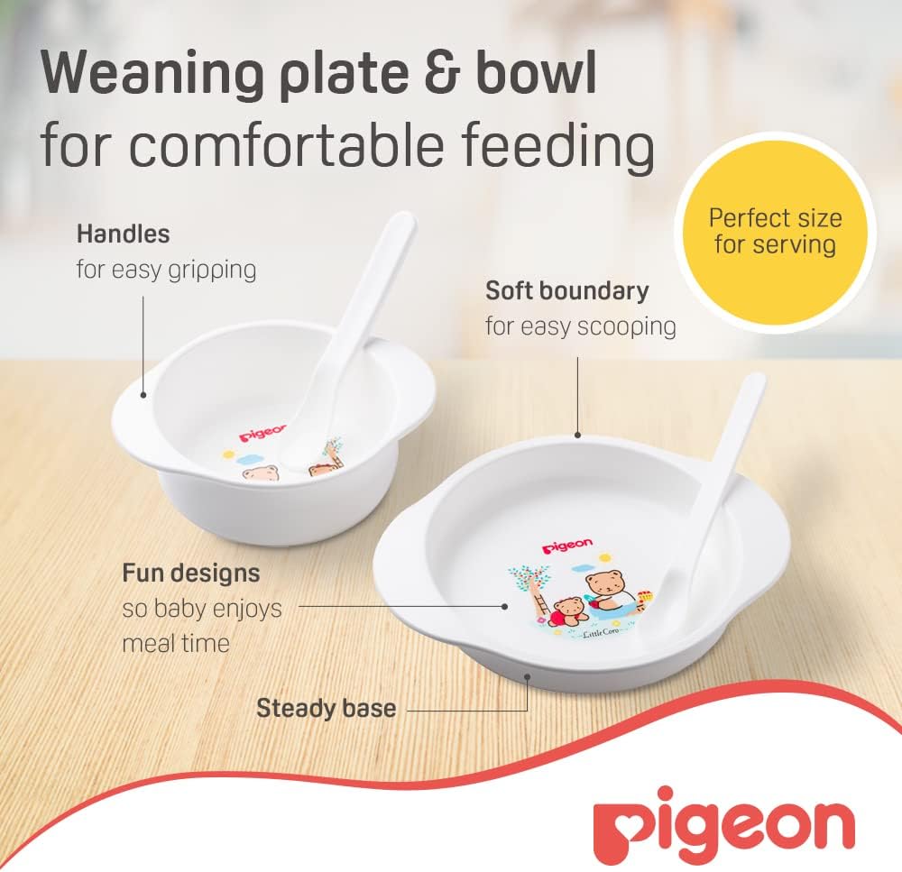 Pigeon Feeding Set, 1 Cereal Bowl, 1 Soup Bowl, 1 Feeding Spoon, 1 Baby Spoon, Quickly Explore, Makes Meal Time Fun, BPA Free, 6 + Months, White — الصورة 3 من 7