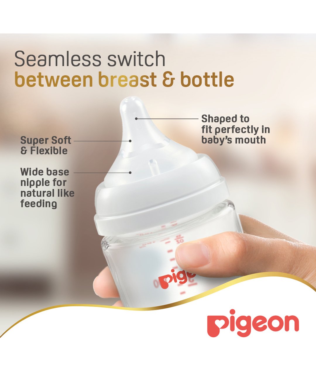 Pigeon Softouch Wide Neck Glass Nursing Bottle, Medium Nipple Size, BPA Free, 3 + Months, 240ml — الصورة 4 من 9