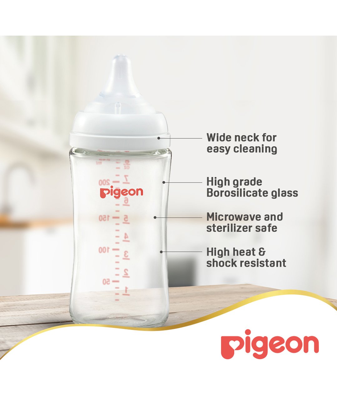 Pigeon Softouch Wide Neck Glass Nursing Bottle, Medium Nipple Size, BPA Free, 3 + Months, 240ml — الصورة 9 من 9
