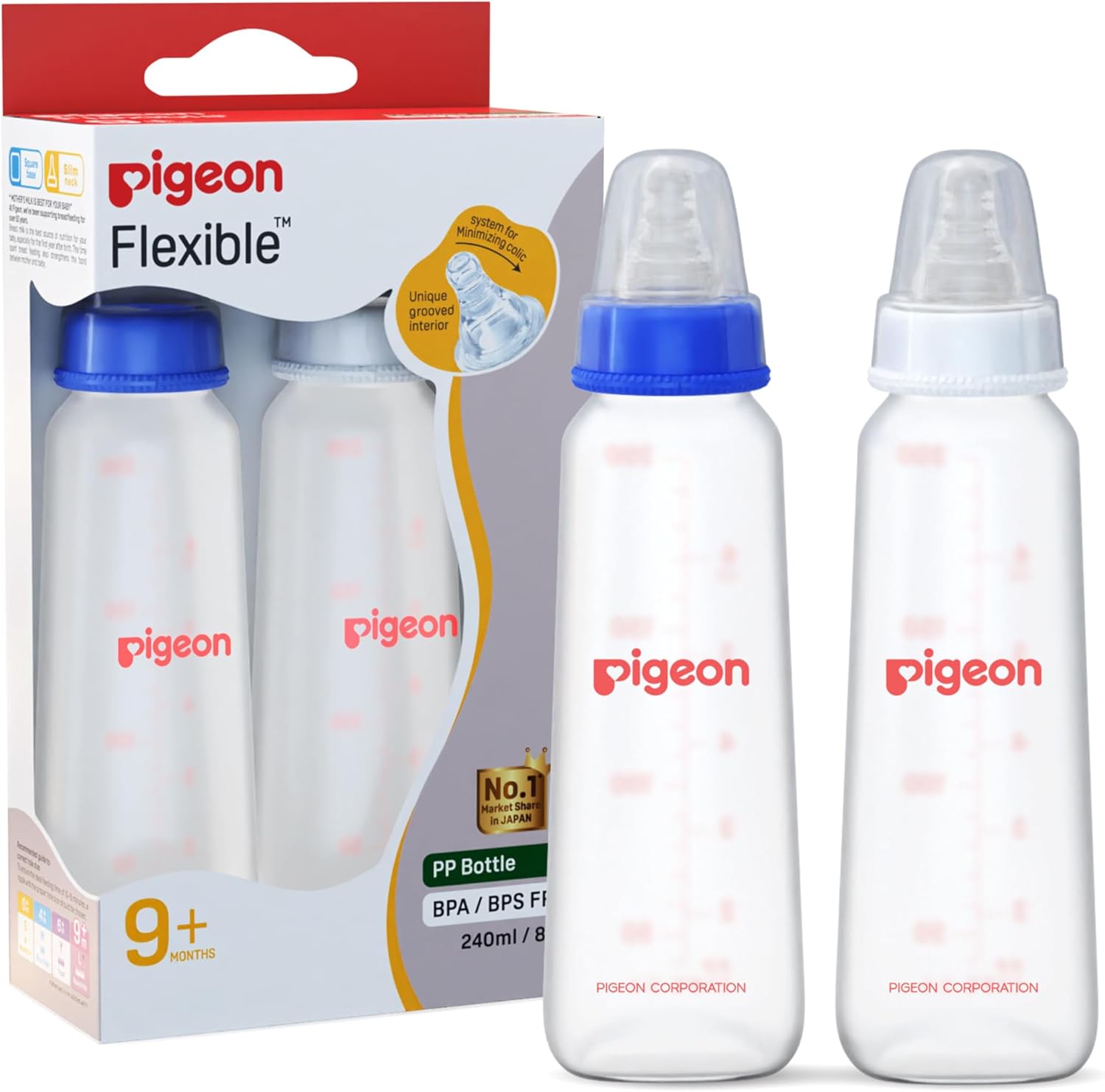 Pigeon Peristaltic Baby Nursing/Feeding Bottle KPP Nipple L,For 9+ Month Babies,BPA Free,BPS Free,Blue and White,240 ml,Pack of 2