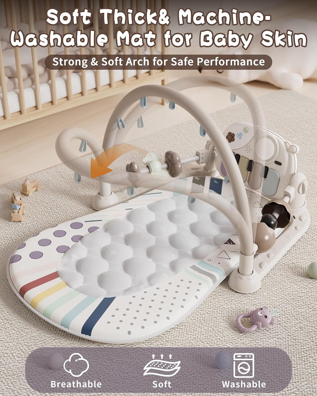 Jovow Baby Gym with Kick and Play Piano, Baby Play Mat Tummy Time Activity Gym Mat with 5 Infant Sensory, Music & Lights Boy or Girl for Newborn 0 to 3 6 9 12 Months — الصورة 3 من 5