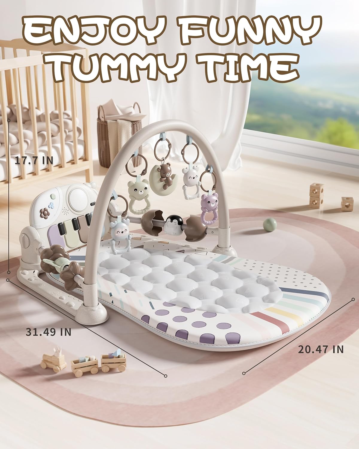 Jovow Baby Gym with Kick and Play Piano, Baby Play Mat Tummy Time Activity Gym Mat with 5 Infant Sensory, Music & Lights Boy or Girl for Newborn 0 to 3 6 9 12 Months — الصورة 4 من 5