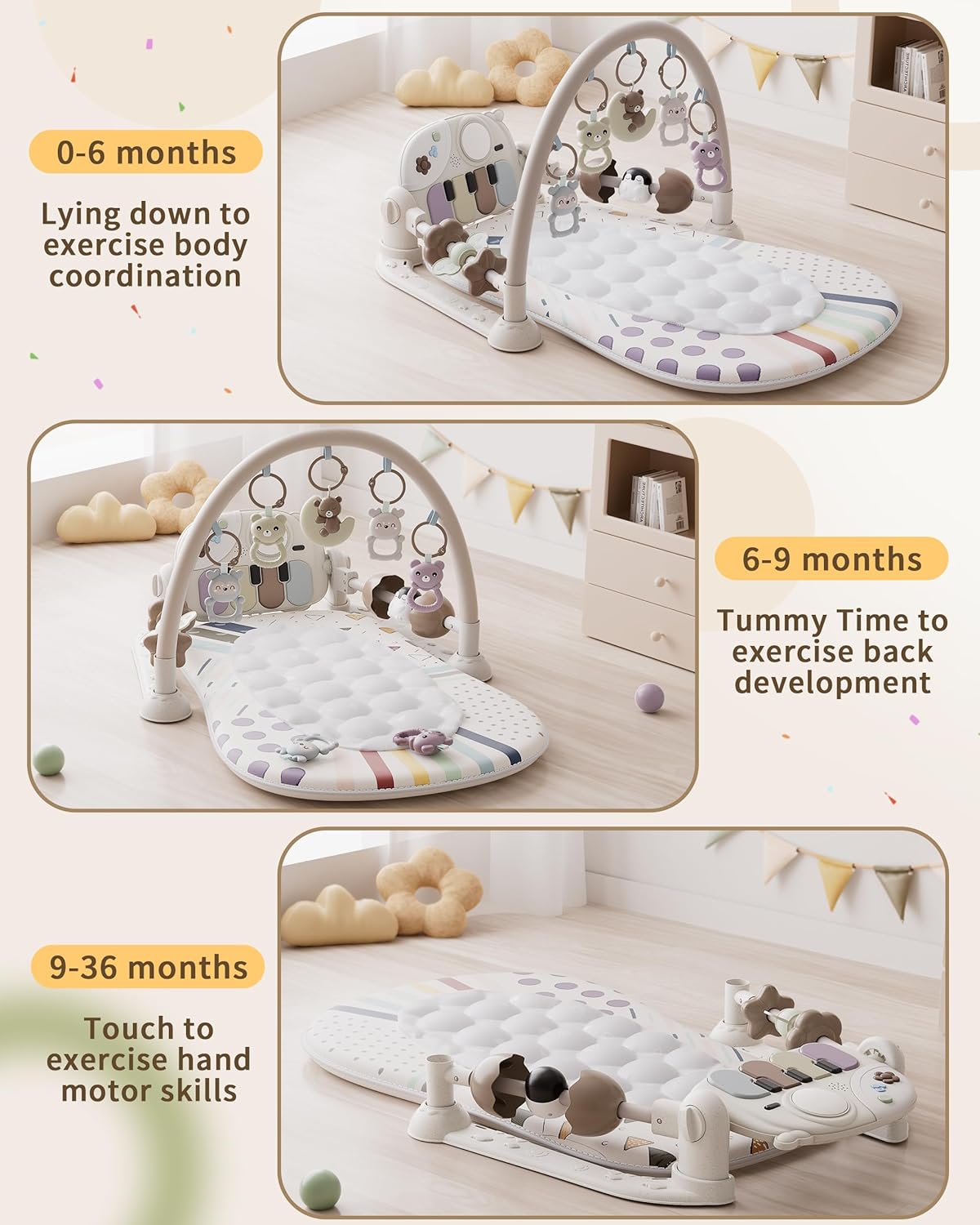 Jovow Baby Gym with Kick and Play Piano, Baby Play Mat Tummy Time Activity Gym Mat with 5 Infant Sensory, Music & Lights Boy or Girl for Newborn 0 to 3 6 9 12 Months — الصورة 5 من 5