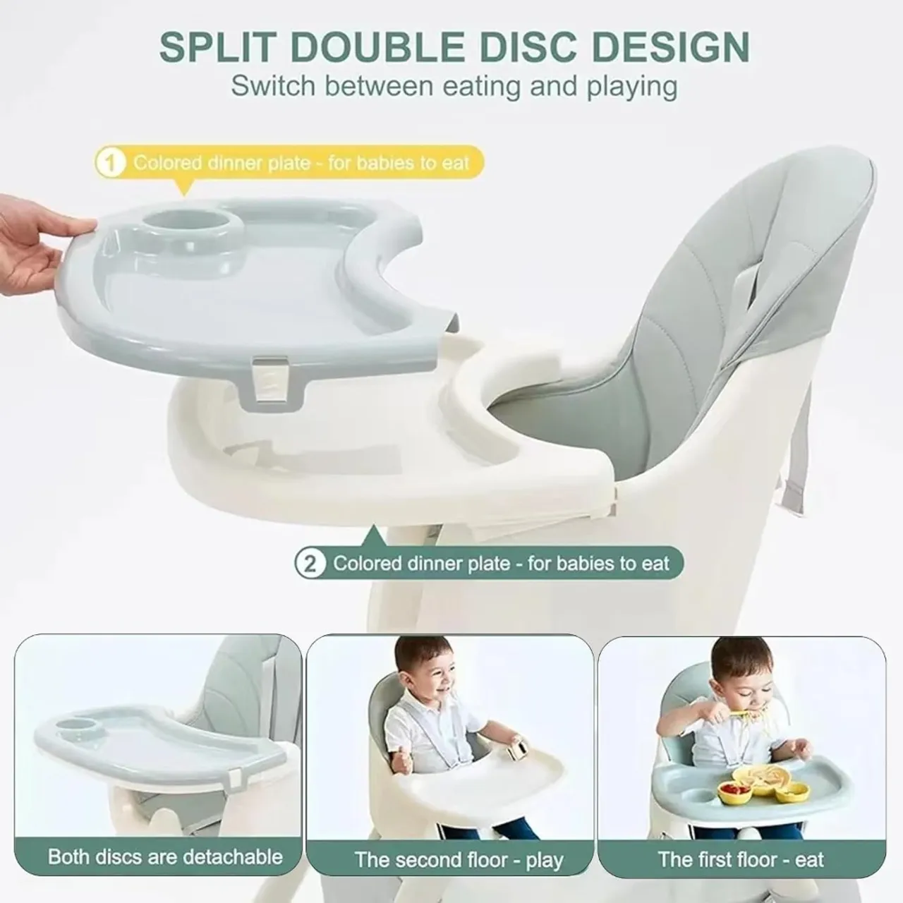 5 in 1 Convertible Baby High Chair, Foldable Toddler Dining Chair with Removable Tray, 5-Point Safety Harness, PU Cushion & Anti-Slip Base, Portable Height Adjustable High Chair for Kids — الصورة 7 من 9