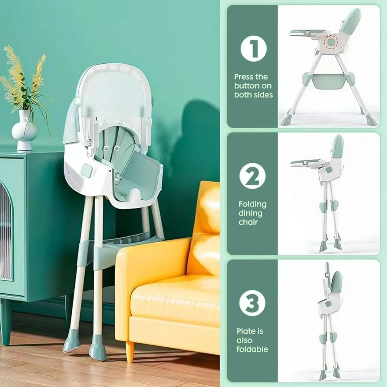 5 in 1 Convertible Baby High Chair, Foldable Toddler Dining Chair with Removable Tray, 5-Point Safety Harness, PU Cushion & Anti-Slip Base, Portable Height Adjustable High Chair for Kids — الصورة 8 من 9