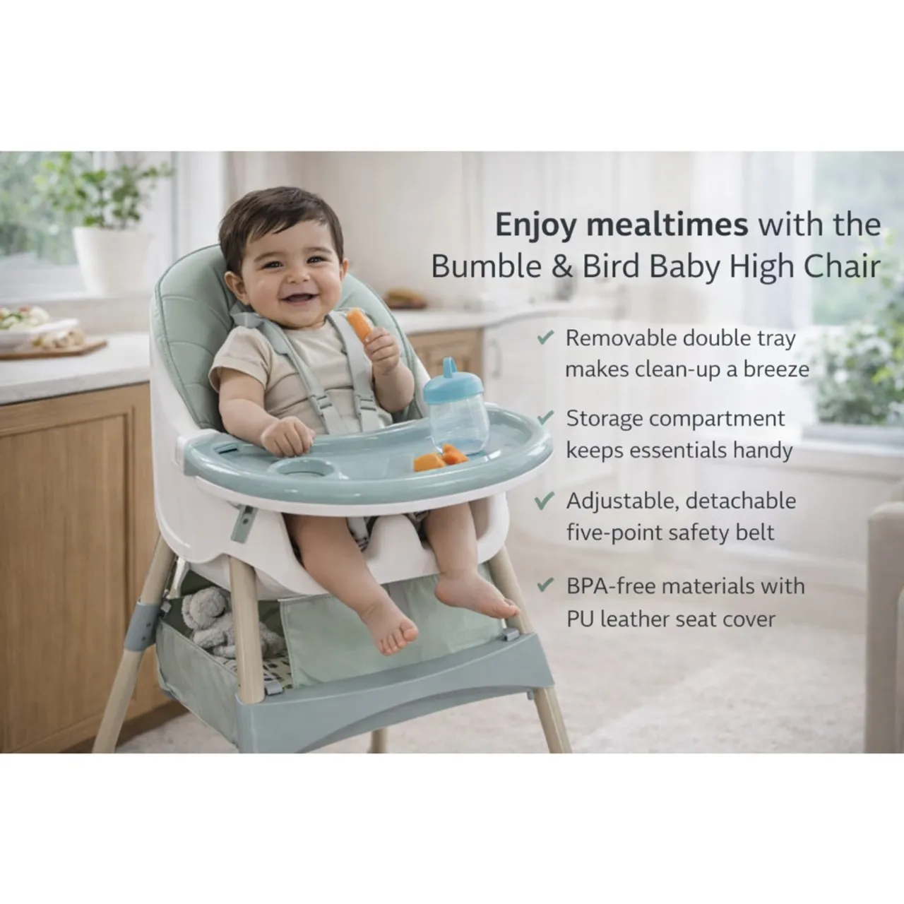 5 in 1 Convertible Baby High Chair, Foldable Toddler Dining Chair with Removable Tray, 5-Point Safety Harness, PU Cushion & Anti-Slip Base, Portable Height Adjustable High Chair for Kids — الصورة 9 من 9