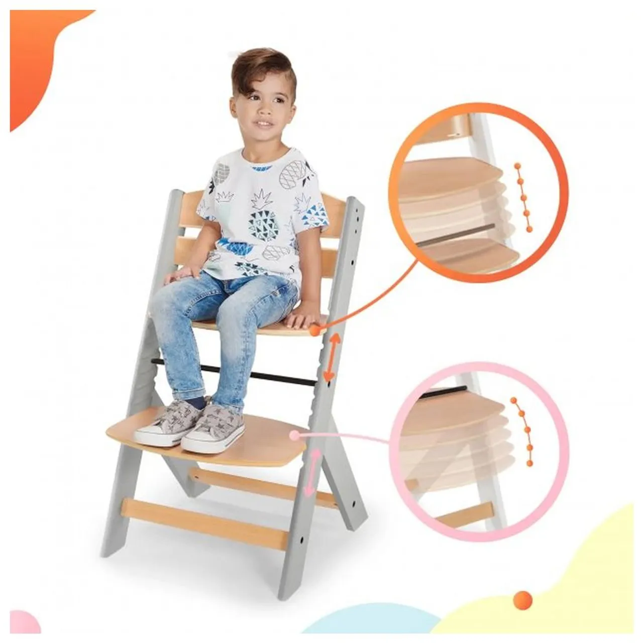 Kinderkraft ENOCK Wooden High Chair with Cushion - Grey — الصورة 6 من 8