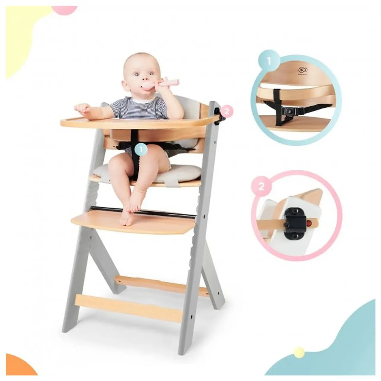 Kinderkraft ENOCK Wooden High Chair with Cushion - Grey — الصورة 7 من 8