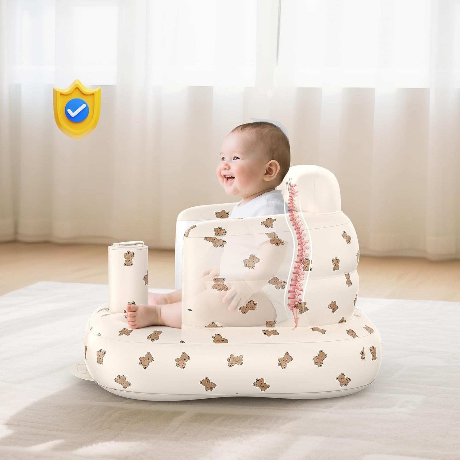 Baby Inflatable Seat for Babies 3-36 Months, Built in Air Pump Infant Back Support Sofa Toddler Chair for Sitting Up, Baby Floor Seater Gifts — الصورة 3 من 7