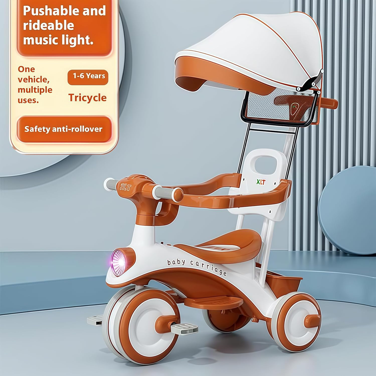 Baby Carriage 3 in 1 Kids Tricycle with Parent Handle, Canopy, Light & Music Toddler Trike for Girls and Boys, Adjustable Push Handle, Safety Guardrail, – Baby Stroller Tricycle for 1-5 Years (Orange) — الصورة 2 من 8