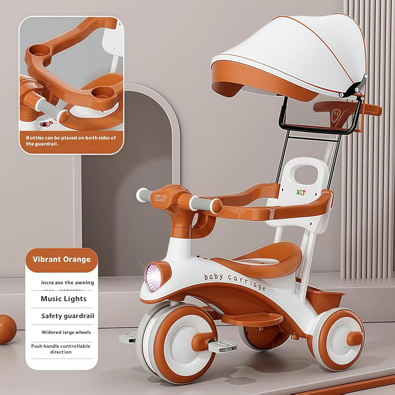 Baby Carriage 3 in 1 Kids Tricycle with Parent Handle, Canopy, Light & Music Toddler Trike for Girls and Boys, Adjustable Push Handle, Safety Guardrail, – Baby Stroller Tricycle for 1-5 Years (Orange) — الصورة 3 من 8