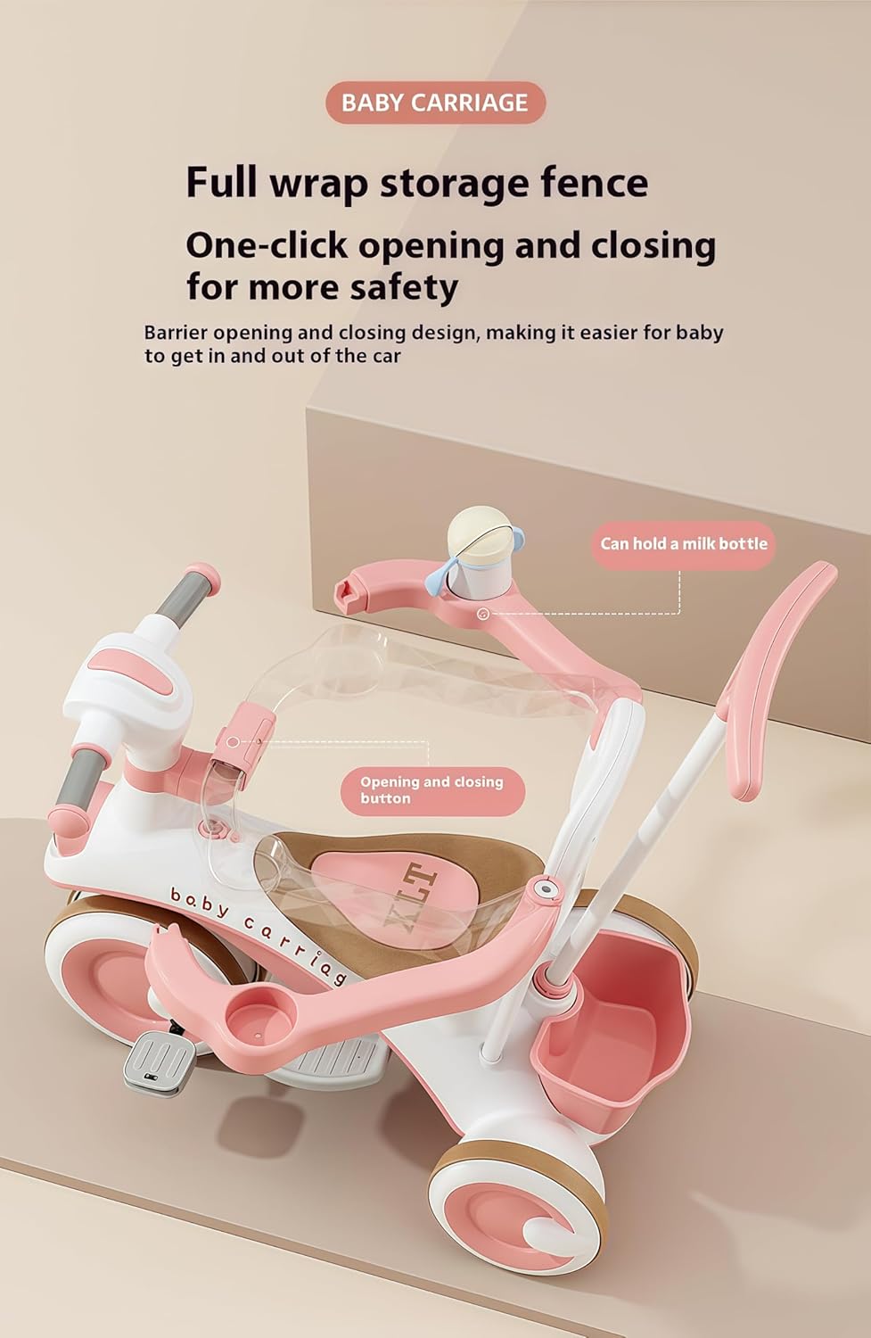 Baby Carriage 3 in 1 Kids Tricycle with Parent Handle, Canopy, Light & Music Toddler Trike for Girls and Boys, Adjustable Push Handle, Safety Guardrail, – Baby Stroller Tricycle for 1-5 Years (Orange) — الصورة 5 من 8