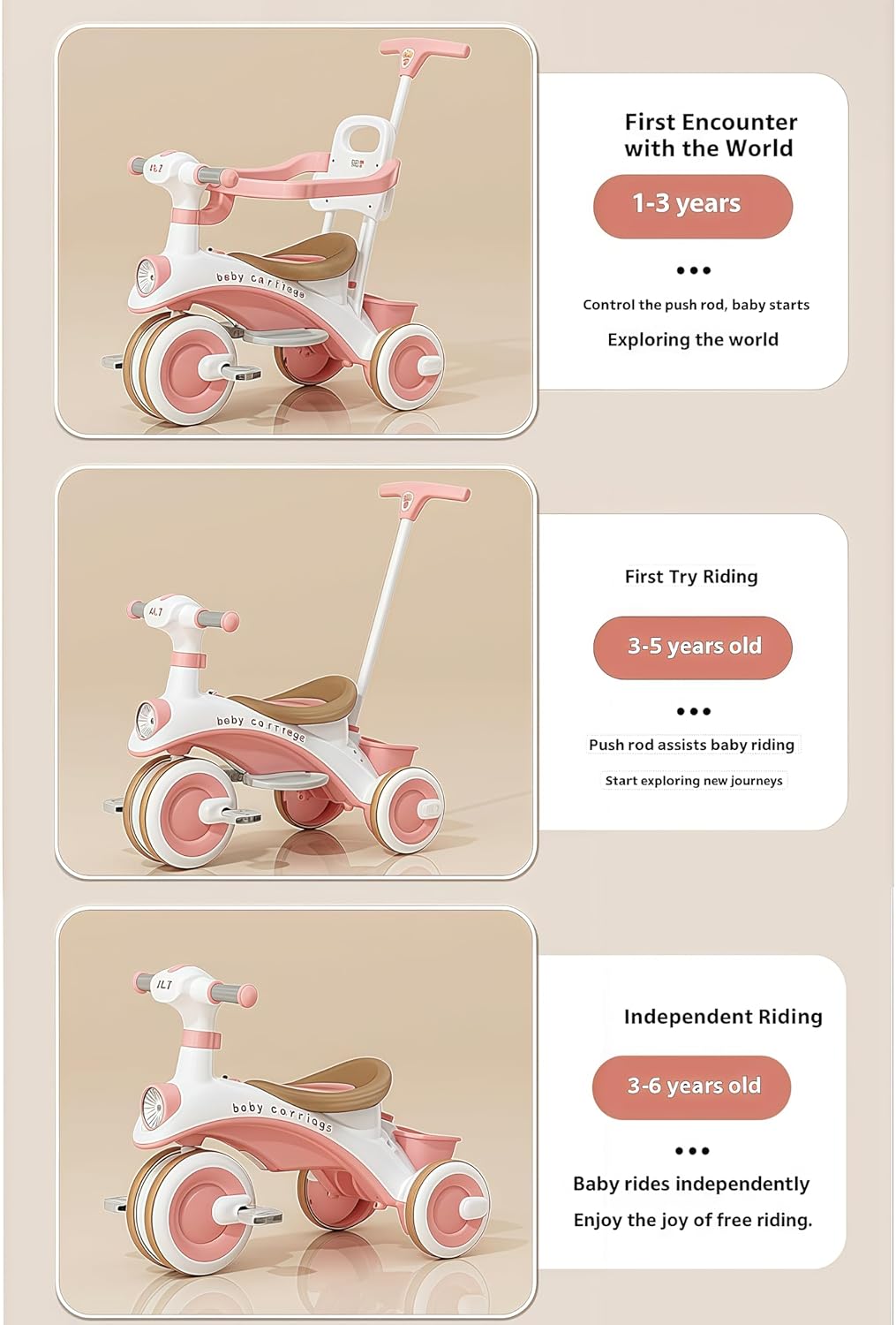 Baby Carriage 3 in 1 Kids Tricycle with Parent Handle, Canopy, Light & Music Toddler Trike for Girls and Boys, Adjustable Push Handle, Safety Guardrail, – Baby Stroller Tricycle for 1-5 Years (Orange) — الصورة 6 من 8
