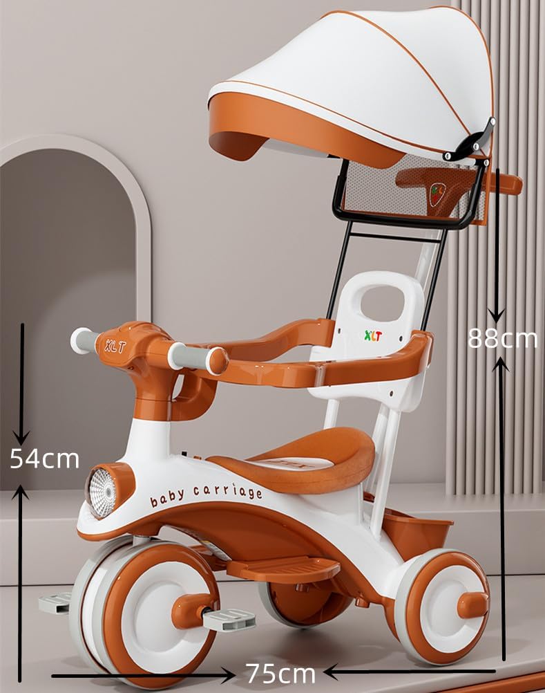 Baby Carriage 3 in 1 Kids Tricycle with Parent Handle, Canopy, Light & Music Toddler Trike for Girls and Boys, Adjustable Push Handle, Safety Guardrail, – Baby Stroller Tricycle for 1-5 Years (Orange) — الصورة 8 من 8