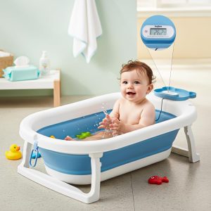 Baybee Tubby Foldable Baby Bath Tub for 0-5 Years | Portable Bathtub for Kids with Anti-Skid Base, Temperature Meter & Drain Plug | Space Saving Infant Bath Tub for Newborns, Boys & Girls (BLUE)