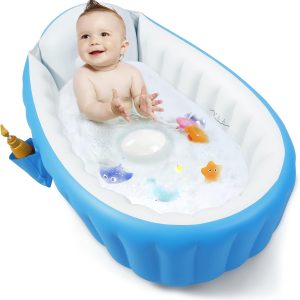 PandaEar Baby Inflatable Bathtub, Portable Travel Baby Infant Bath Tub Toddler Bathtub with Air Pump, Foldable Non-Slip Shower Basin Mini Air Swimming Pool for Newborn (Blue)