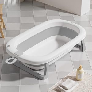 SKY-TOUCH Baby Foldable Bathing Tubs with Soft Bathmat Cushion & Thermometer, NewBorn Babybath Tub with Drain Hole, Non-Slip Support Leg for 0-6 Years Boy Girl (Grey)