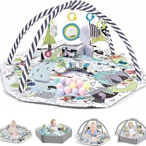 U-HOOME 4-in-1 Baby Play Gym Mat, Tummy Time Mat Baby Activity Gym with 8 Detachable Toys for Newborn Stage-Based Sensory and Motor Skill Development, Baby Play Mats for Ball Pit, Pet Cushion (Gery)