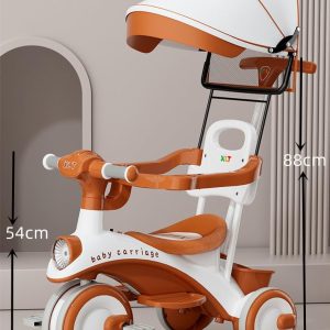 Baby Carriage 3 in 1 Kids Tricycle with Parent Handle, Canopy, Light & Music Toddler Trike for Girls and Boys, Adjustable Push Handle, Safety Guardrail, – Baby Stroller Tricycle for 1-5 Years (Orange)